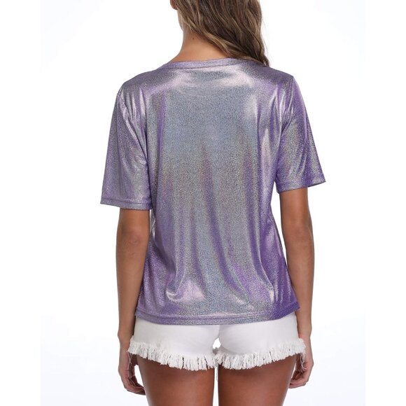 Women's Shiny Holographic Metallic Top Glitter Disco Tee Blouse Plus Size - Picture 6 of 6